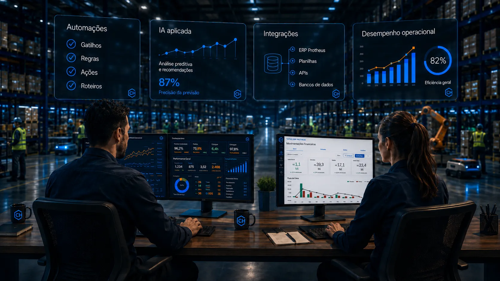Profissionais acompanhando automações, inteligência artificial, integrações, dados e ERP em uma operação industrial