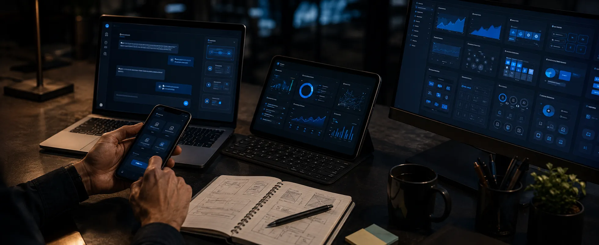 Recursos digitais exibidos em diferentes dispositivos e formatos