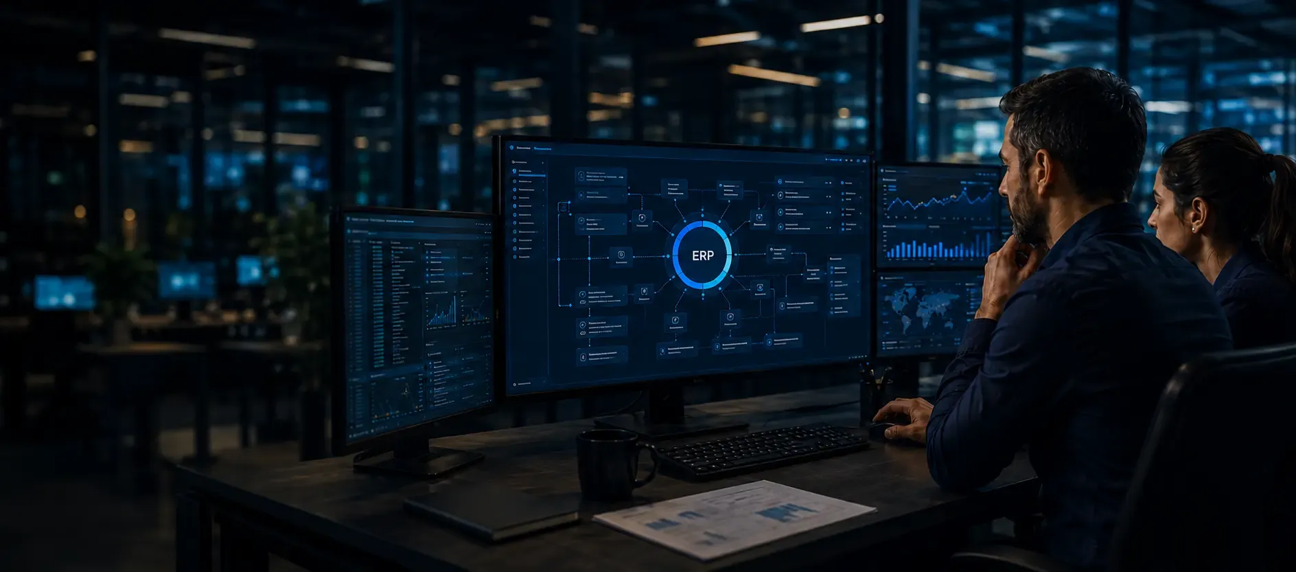 Profissional analisando informações de uma operação integrada ao ERP.